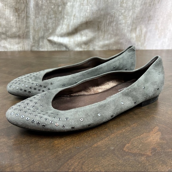 AGL Grey Suede Pointed Toe Flats Grommet Career Classic - Picture 4 of 9